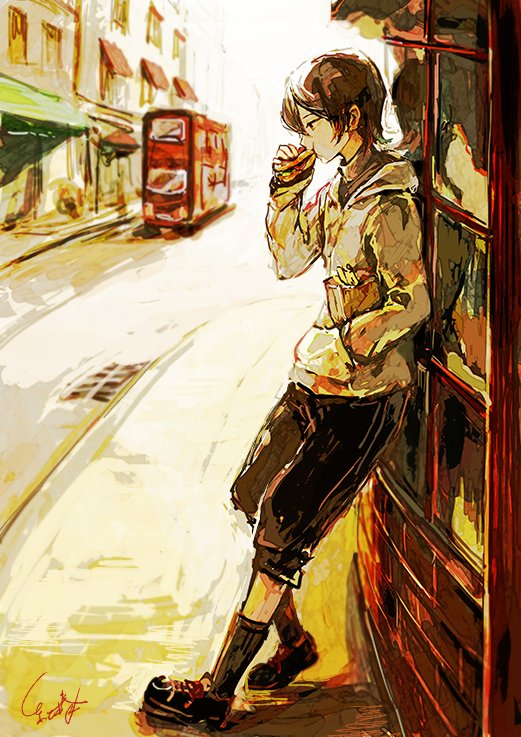 :t against_window awning bag black_legwear black_pants black_shoes brown_hair building day double-decker_bus eating food from_side hand_in_pocket holding holding_food hood hoodie kneehighs original outdoors pants profile road shoes short_hair signature solo street tsubaki_(teatime0) turtleneck window