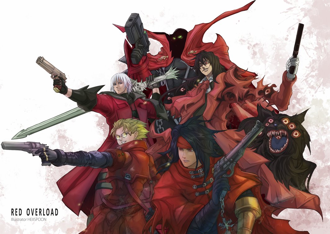 alucard_(hellsing) blonde_hair blue_eyes cape coat crossover dante_(devil_may_cry) devil_may_cry final_fantasy green_eyes gun handgun hellsing monster pistol red_cape red_coat red_eyes revolver spawn spawn_(spawn) trigun vash_the_stampede vincent_valentine weapon white_hair