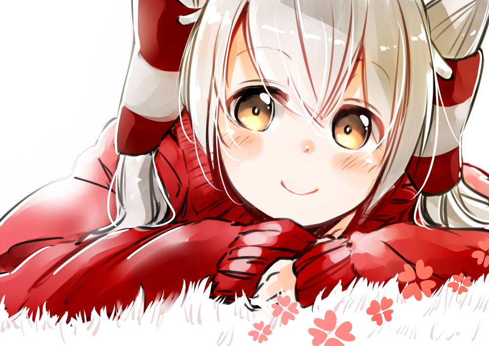 1girl amatsukaze_(kantai_collection) bangs blush brown_eyes closed_mouth eyebrows eyebrows_visible_through_hair flower grass hair_tubes i'm_egoist_nez kantai_collection long_hair long_sleeves looking_at_viewer on_ground red_sweater shade silver_hair simple_background sketch sleeves_past_wrists smile solo sweater two_side_up upper_body white_background windsock