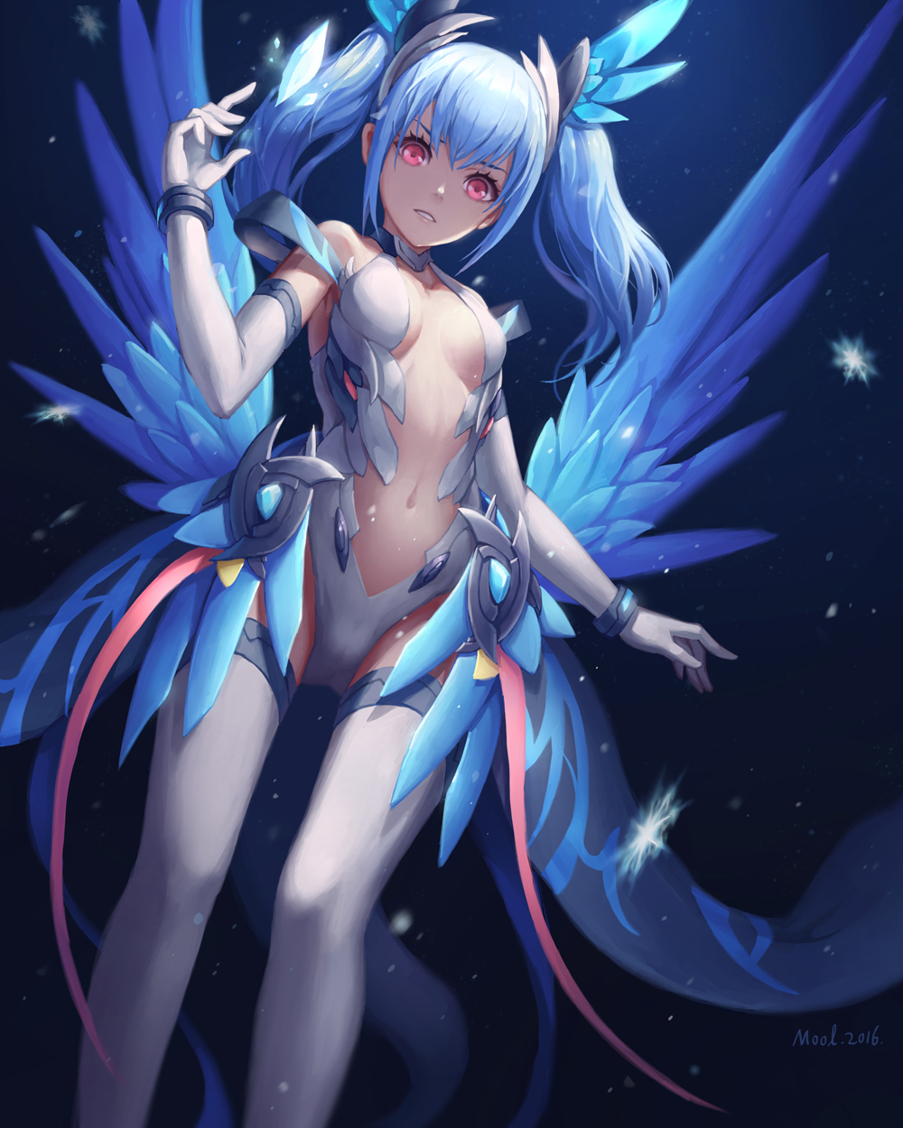 1girl 2016 anivia artist_name bangs bare_shoulders blue blue_background blue_hair bracer breasts center_opening elbow_gloves eyelashes feathered_wings from_below gloves head_wings highres league_of_legends legs_apart leotard light_particles long_hair looking_at_viewer magical_girl mool_yuegang motion_blur navel parted_lips personification red_eyes shade sleeveless small_breasts snowflakes solo stomach tail thigh-highs twintails white_gloves white_legwear wings