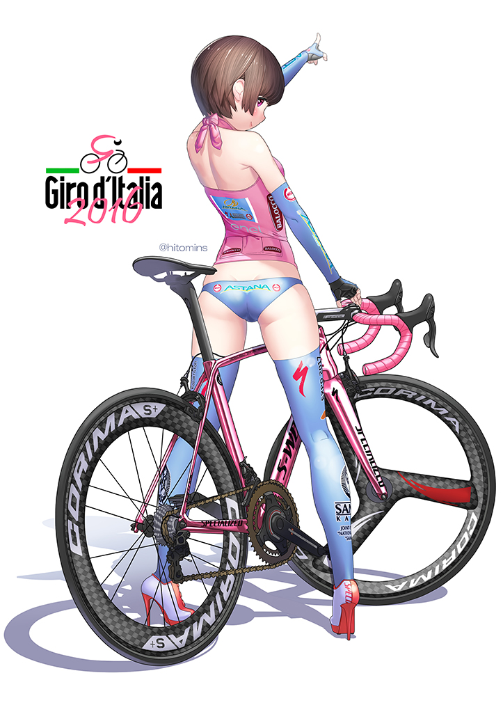 1girl 2016 ad ass back bangs bare_shoulders bicycle bike_jersey blue_legwear blunt_bangs blush breasts brown_hair closed_mouth clothes_writing commentary_request elbow_gloves fingerless_gloves from_behind full_body gloves ground_vehicle halter_top halterneck high_heels hitomi_kazuya kneepits legs_apart looking_at_viewer medium_breasts midriff original outstretched_arm pointing print_legwear profile red_eyes shadow short_hair simple_background skin_tight skindentation smile solo standing thigh-highs twitter_username white_background