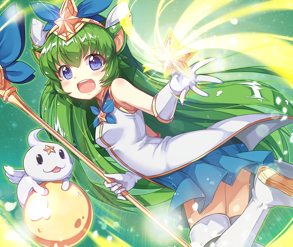1girl :3 :d animal_ears blue_eyes blue_skirt blush boots breasts eyebrows eyebrows_visible_through_hair from_side glint gloves green_background green_hair headdress holding holding_staff league_of_legends long_hair lulu_(league_of_legends) magical_girl open_mouth pleated_skirt poro_(league_of_legends) shirt skirt sleeveless sleeveless_shirt small_breasts smile sora_(dkssud6580) sparkle staff star star_guardian_lulu thigh-highs thigh_boots very_long_hair white_gloves white_legwear white_shirt white_wings wings