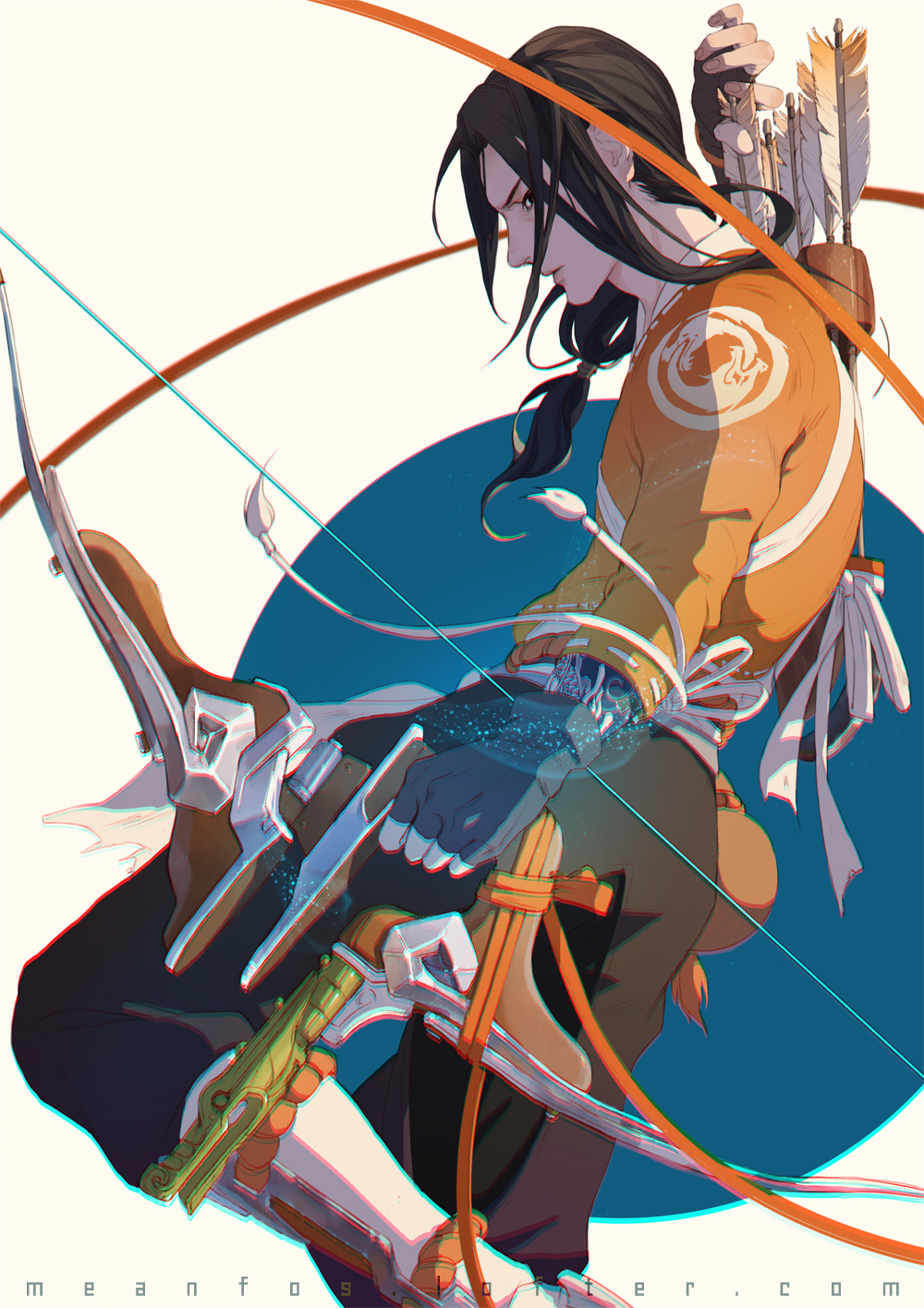 1boy arm_at_side arm_tattoo arrow black_eyes black_gloves black_hair black_pants bluesy bow_(weapon) fingerless_gloves from_side gloves glowing gourd hair_over_shoulder hair_tie hand_up hanzo_(overwatch) highres holding holding_weapon japanese_clothes leg_up light_particles long_hair looking_at_viewer low-tied_long_hair male_focus overwatch pants print_shirt profile quiver ribbon ribbon-trimmed_sleeves ribbon_trim shin_guards shirt solo standing standing_on_one_leg tassel watermark weapon web_address younger