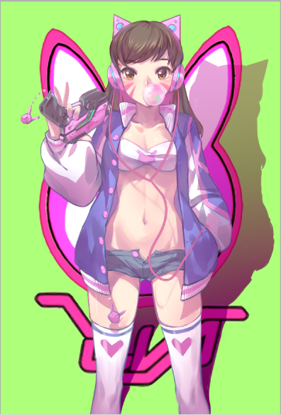 1girl airrabbityan animal_ears ass_visible_through_thighs bandeau bangs blue_shorts breasts brown_eyes brown_hair bubble_blowing bubblegum bunny_print cat_ears charm_(object) cleavage collarbone cowboy_shot d.va_(overwatch) facepaint facial_mark fake_animal_ears groin gum gun hand_in_pocket handgun headphones heart_print holding holding_gun holding_weapon jacket legs_apart letterman_jacket long_hair looking_at_viewer open_clothes open_jacket overwatch short_shorts shorts small_breasts solo stomach strapless thigh-highs tubetop unbuttoned weapon whisker_markings white_legwear