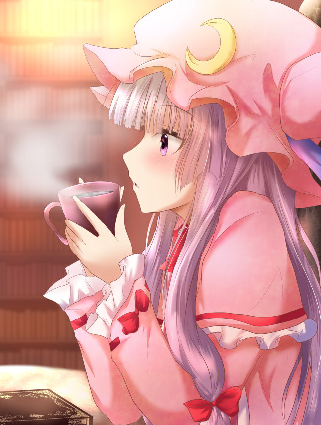 1girl bangs blowing blunt_bangs blush book bookshelf bow capelet crescent cup frilled_sleeves frills from_side hair_bow hat holding holding_cup indoors long_hair long_sleeves mob_cap parted_lips patchouli_knowledge pink_shirt profile purple_hair ram_hachimin red_bow shirt sidelocks solo steam touhou upper_body violet_eyes