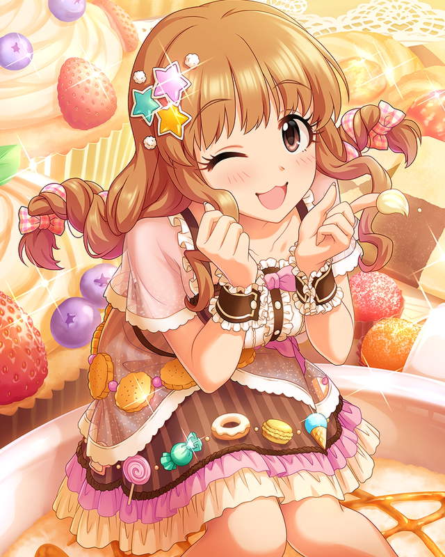 1girl :3 artist_request brown_eyes brown_hair hair_ornament hair_ribbon idolmaster idolmaster_cinderella_girls moroboshi_kirari official_art one_eye_closed ribbon smile star star_hair_ornament wrist_cuffs