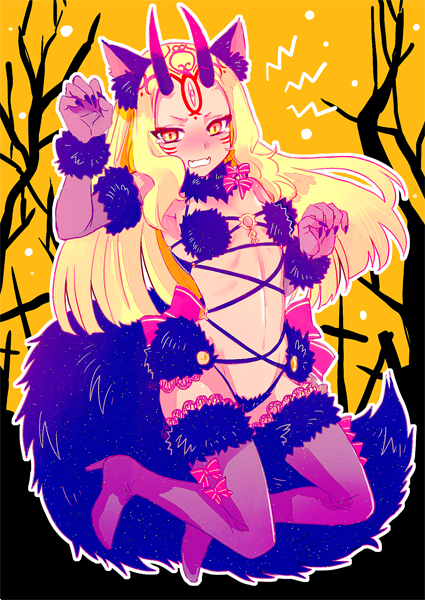 1girl animal_ears blonde_hair blush boots bow cosplay elbow_gloves embarrassed facial_mark fangs fate/grand_order fate_(series) flat_chest full-face_blush fur-trimmed_gloves fur-trimmed_legwear fur_trim gloves halloween halloween_costume high_heel_boots high_heels hizuki_mai horns ibaraki_douji_(fate/grand_order) lace lace-trimmed_thighhighs long_hair o-ring_top oni oni_horns open_mouth panties purple_gloves purple_legwear red_bow revealing_clothes shielder_(fate/grand_order) shielder_(fate/grand_order)_(cosplay) solo tail tears thigh-highs thigh_boots underwear wolf_ears wolf_tail yellow_eyes