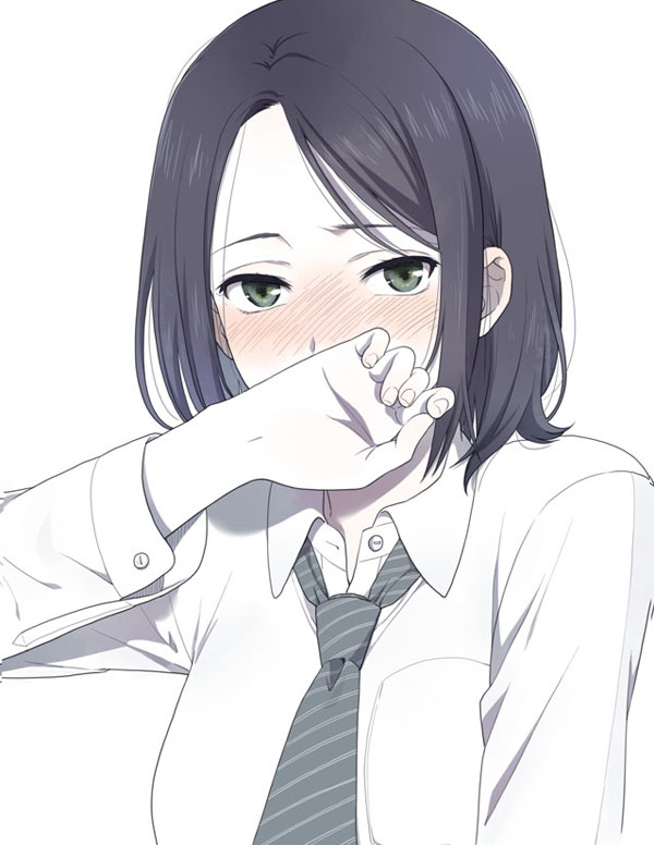 1girl bangs black_hair blush green_eyes looking_at_viewer mattaku_mousuke necktie original parted_bangs partially_colored school_uniform short_hair simple_background solo white_background white_skin