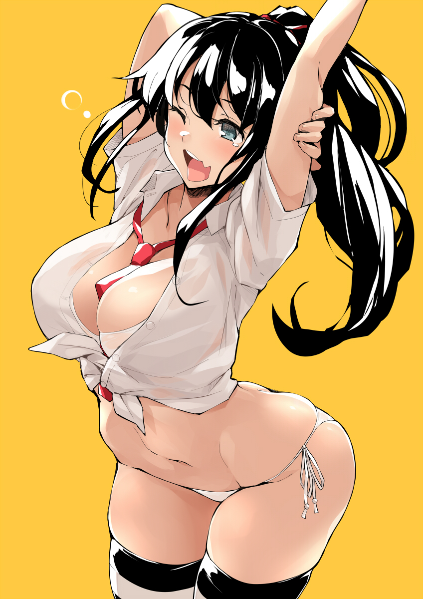 1girl arms_up between_breasts bikini black_hair blue_eyes blush breasts cleavage fang front-tie_top hair_ribbon highres holding_arm kekemotsu large_breasts navel necktie necktie_between_breasts one_eye_closed open_mouth original ponytail ribbon shirt side-tie_bikini simple_background solo striped striped_legwear swimsuit tears thigh-highs white_bikini white_shirt yawning yellow_background