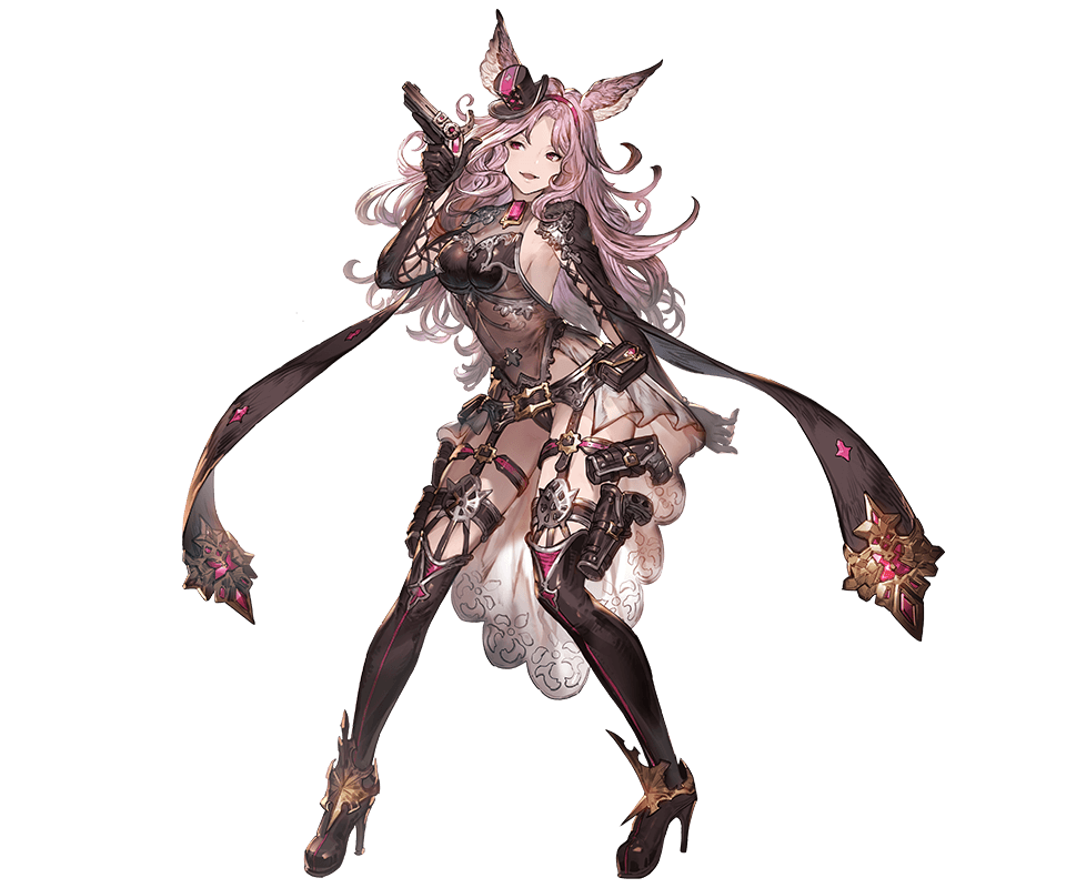 1girl animal_ears full_body gloves granblue_fantasy gun hairband hat holding holding_weapon jewelry leotard long_hair minaba_hideo open_mouth pink_hair red_eyes simple_background smile solo thigh-highs weapon white_background