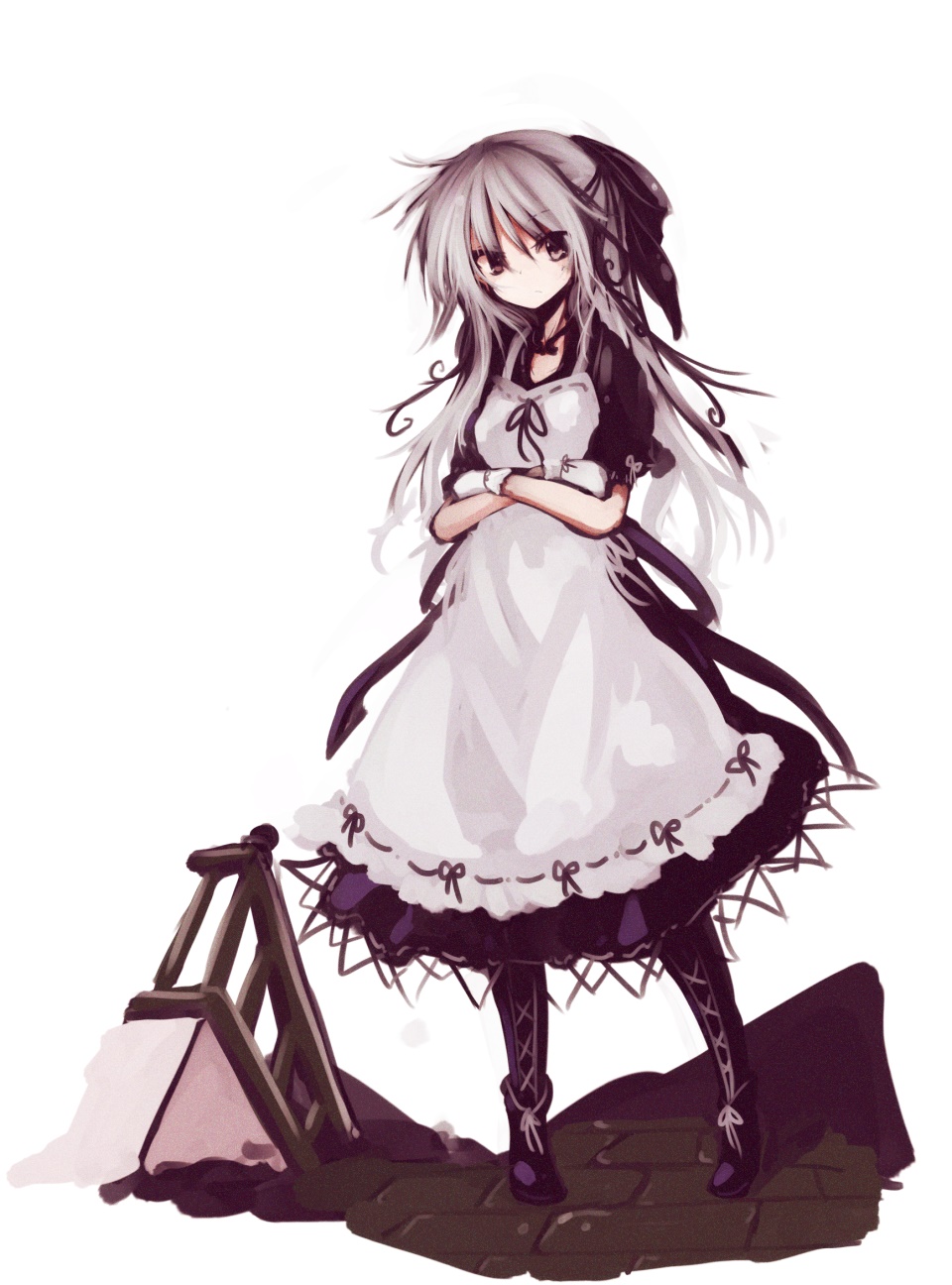 1girl :/ apron black_bow boots bow brown_eyes closed_mouth cross-laced_footwear crossed_arms dress eyebrows eyebrows_visible_through_hair full_body gloves hair_between_eyes hair_bow head_tilt highres knee_boots long_hair looking_at_viewer maid original purple_boots purple_dress railing silver_hair simple_background solo standing white_background white_gloves yoru_kami_shiro