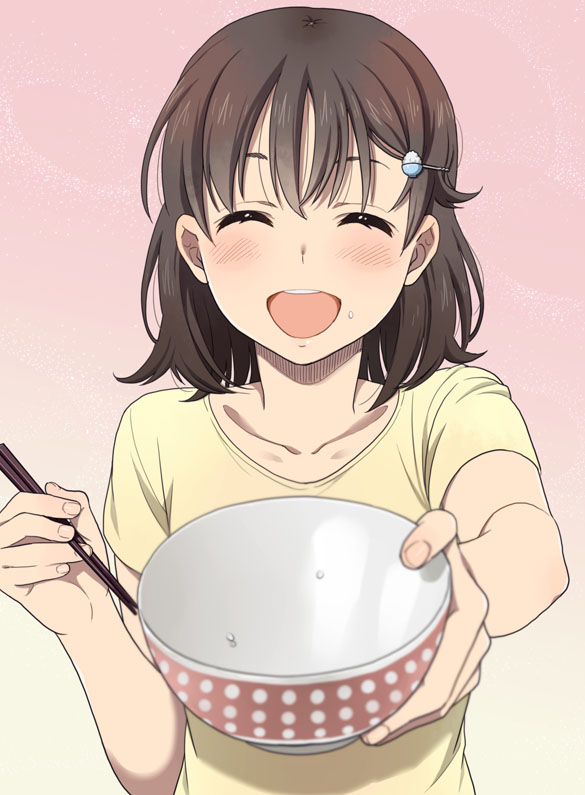 1girl black_hair blurry bow chopsticks closed_eyes depth_of_field food food_on_face hair_ornament hairclip happy mattaku_mousuke original outstretched_arm pov rice short_hair smile solo
