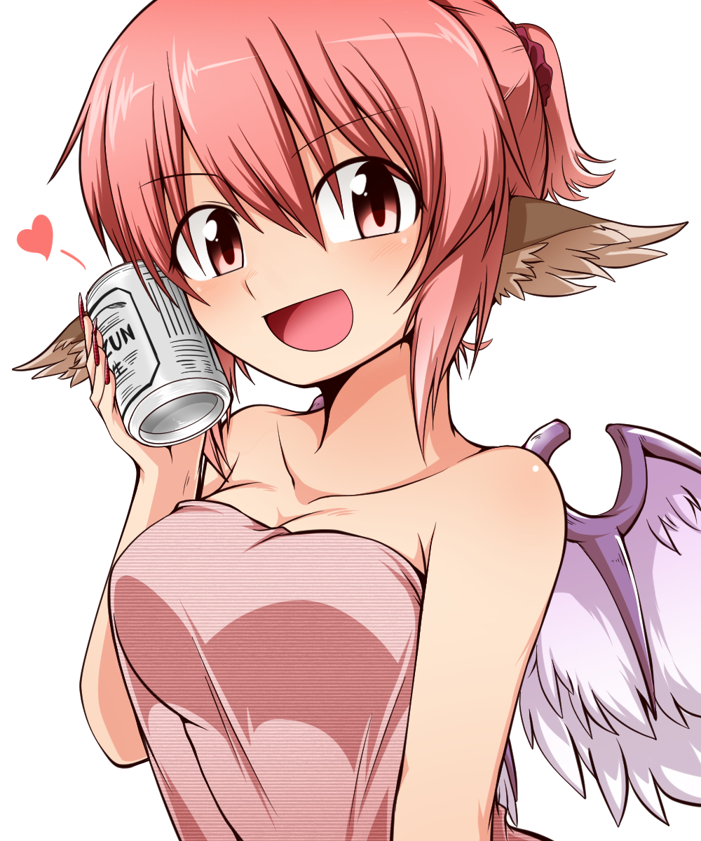 1girl :d alcohol alternate_costume animal_ears bare_shoulders beer bird_wings blush breasts can_to_cheek cleavage collarbone contemporary dress fingernails heart highres katsumi5o looking_at_viewer medium_breasts mystia_lorelei nail_polish off-shoulder_dress off_shoulder open_mouth pink_eyes pink_hair ponytail red_nails scrunchie sharp_fingernails short_hair short_ponytail simple_background smile solo strapless strapless_dress touhou white_background wings