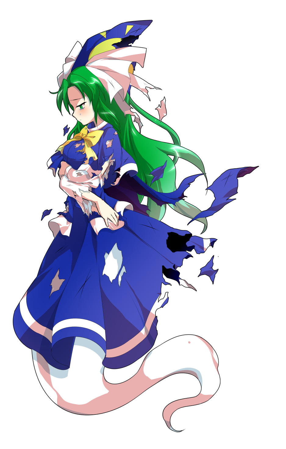1girl blue_dress blue_hat bow bowtie capelet crying crying_with_eyes_open dairi dress from_side full_body ghost_tail green_eyes green_hair hand_on_own_arm hat hat_ribbon highres holding_arm long_hair long_sleeves looking_away looking_down mima ribbon simple_background solo tears torn_cape torn_clothes torn_ribbon torn_sleeves touhou touhou_(pc-98) white_background white_ribbon yellow_bow yellow_bowtie