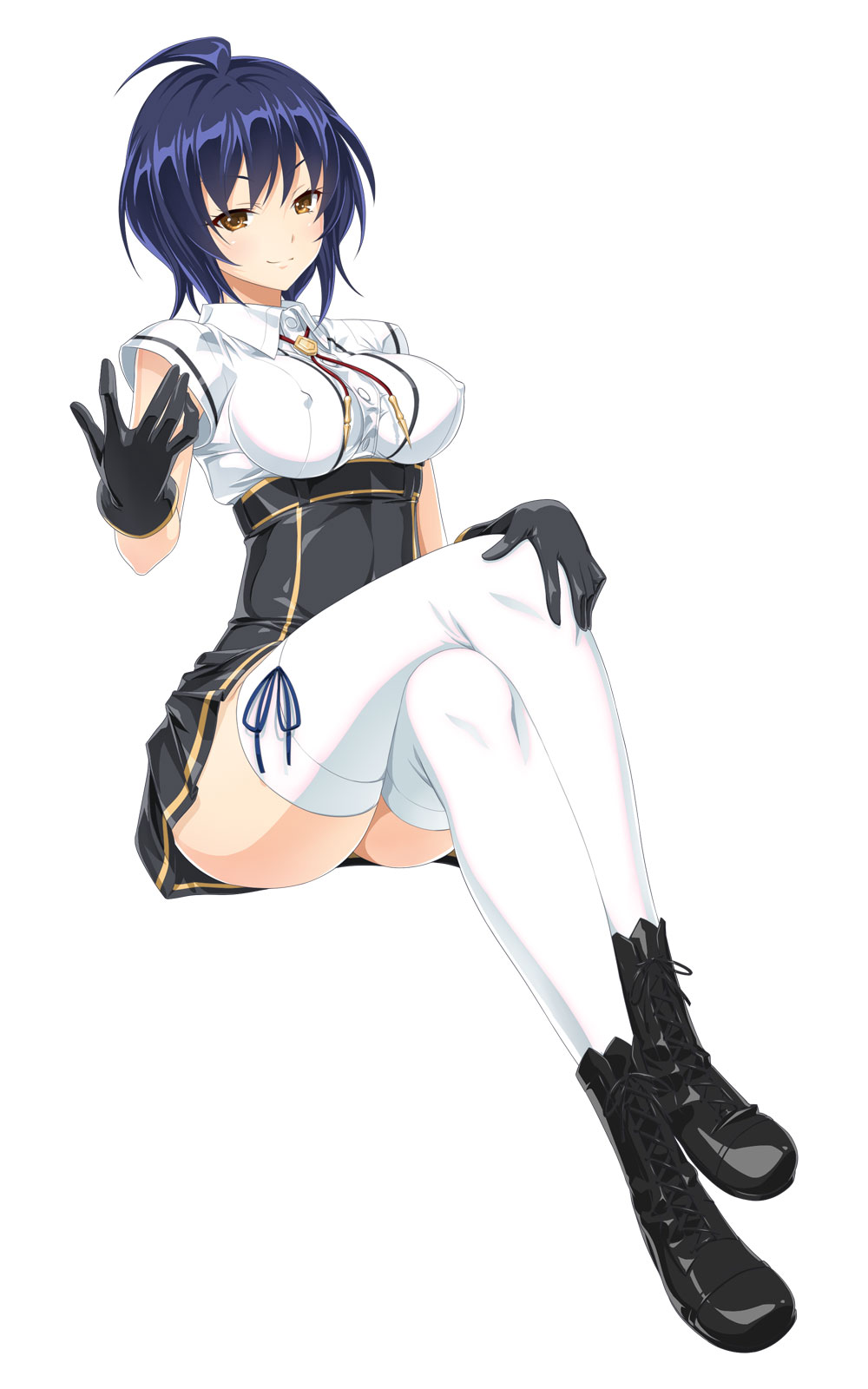 1girl black_gloves blue_hair boots brown_eyes covered_nipples crossed_legs full_body gloves hand_on_own_knee highres kouno_yuria kure_masahiro looking_at_viewer official_art short_hair simple_background skirt smile solo thigh-highs valkyrie_drive valkyrie_drive_-siren- white_background white_legwear