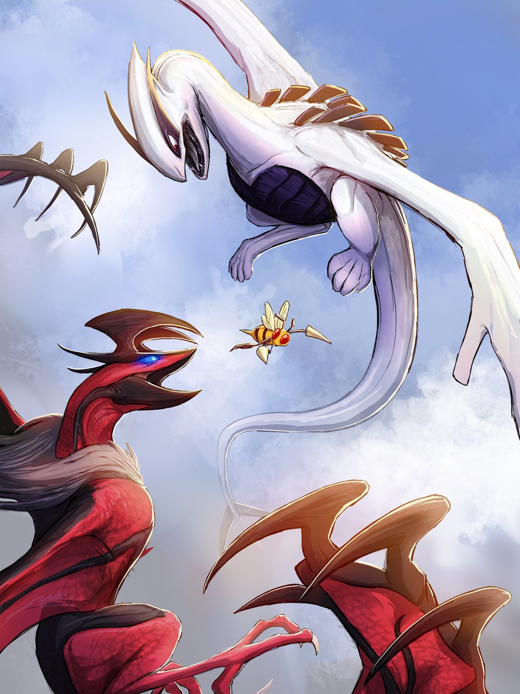 beak beedrill claws clouds fangs flying glowing glowing_eyes highres insect lugia midair monster open_mouth pokemon pokemon_(creature) sky talons tapwing wings yveltal