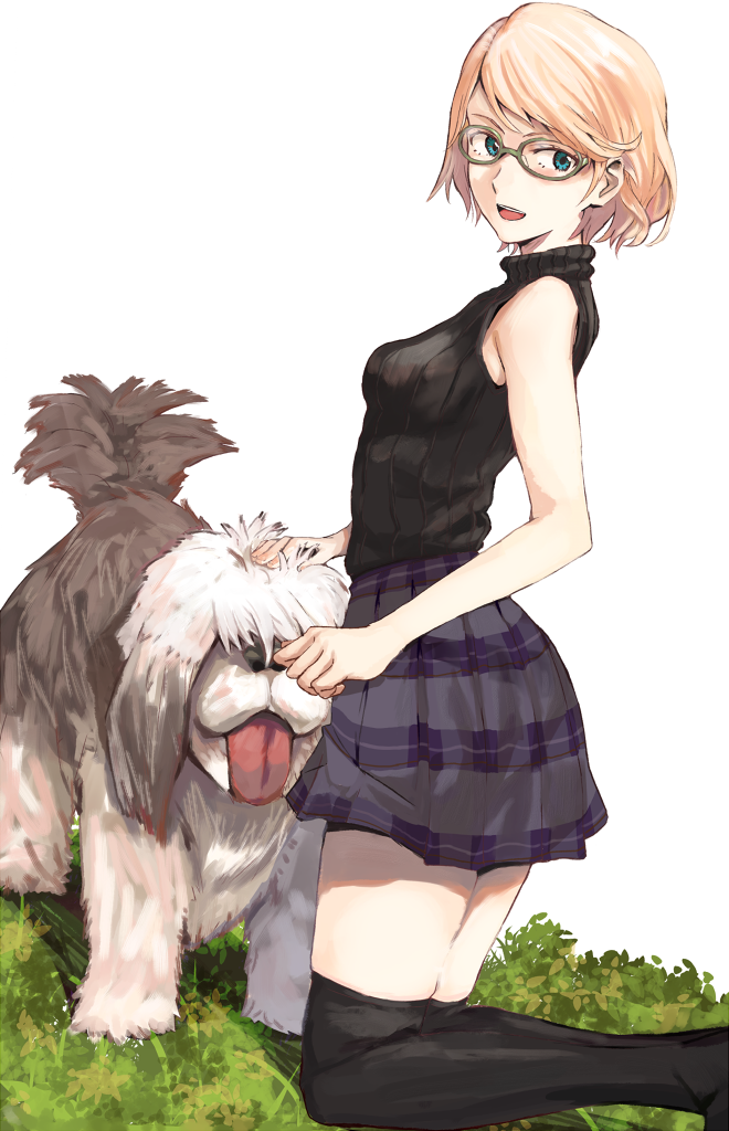 1girl :d animal bangs bare_arms black_legwear blonde_hair blue_eyes dog glasses grass grey-framed_eyewear kneeling looking_to_the_side miniskirt ogros on_ground open_mouth original petting plaid plaid_skirt purple_skirt ribbed_sweater shade short_hair skirt sleeveless sleeveless_turtleneck smile sweater swept_bangs thigh-highs tongue tongue_out turtleneck white_background