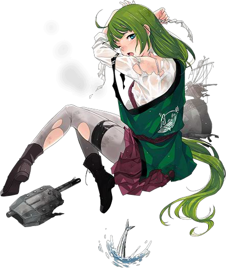 1girl back_turned boots braid braiding_hair coat cross-laced_footwear dress fujikawa gloves_removed green_hair grey_legwear hairdressing headband kantai_collection lace-up_boots long_hair machinery mole mole_under_mouth necktie official_art pantyhose saury school_uniform shirt sleeveless sleeveless_dress torn_clothes very_long_hair wet wet_clothes white_shirt yuugumo_(kantai_collection)