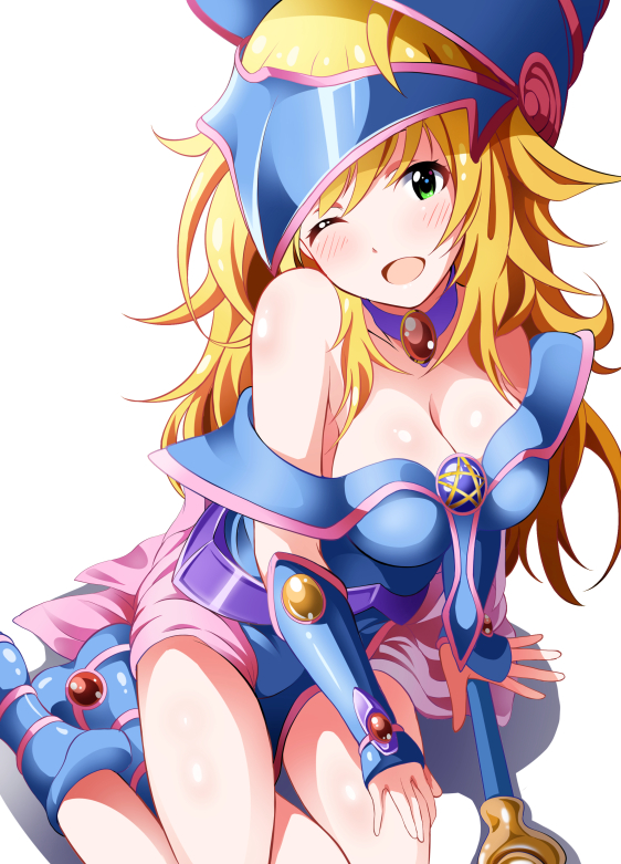 1girl ahoge bare_shoulders blonde_hair blue_boots blush boots breasts cleavage cosplay dark_magician_girl dark_magician_girl_(cosplay) detached_sleeves duel_monster garana green_eyes hoshii_miki idolmaster long_hair one_eye_closed open_mouth pentacle smile solo staff white_background yuu-gi-ou yuu-gi-ou_duel_monsters