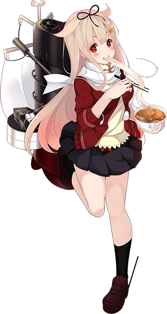 1girl black_skirt hair_flaps hair_ornament hairclip jacket kantai_collection kujou_ichiso looking_at_viewer machinery official_art pleated_skirt remodel_(kantai_collection) scarf shirt skirt slurping turret udon white_scarf yuudachi_(kantai_collection)