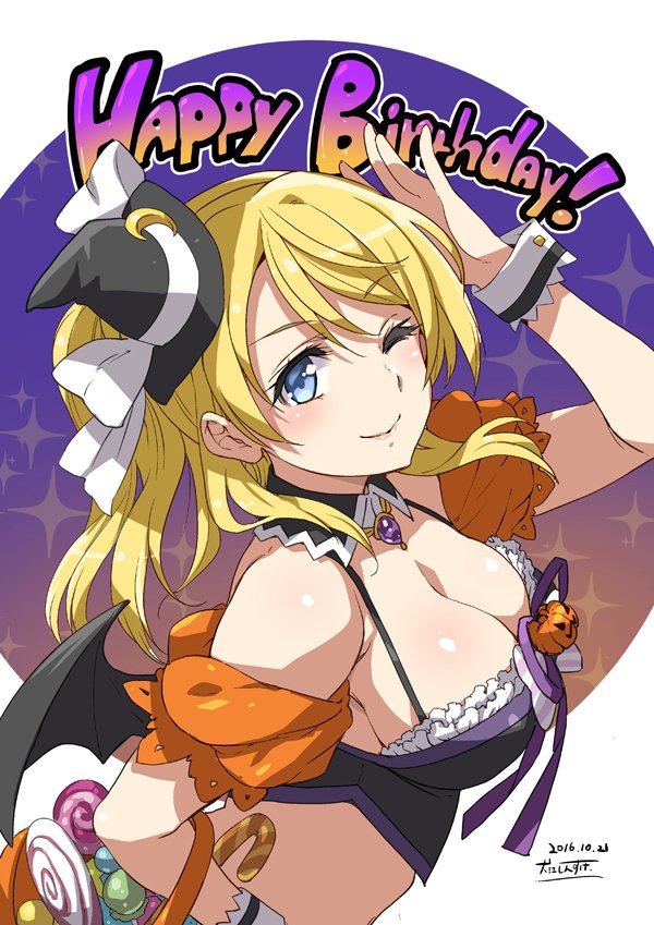 1girl ;) arm_up artist_name ayase_eli basket bat_wings blonde_hair blue_eyes breasts candy cleavage dated detached_collar detached_sleeves eyebrows eyebrows_visible_through_hair from_side halloween halloween_costume happy_birthday hat inue_shinsuke large_breasts lollipop long_hair looking_at_viewer looking_to_the_side love_live! love_live!_school_idol_project mini_hat mini_witch_hat one_eye_closed ponytail smile solo wings witch_hat wrist_cuffs