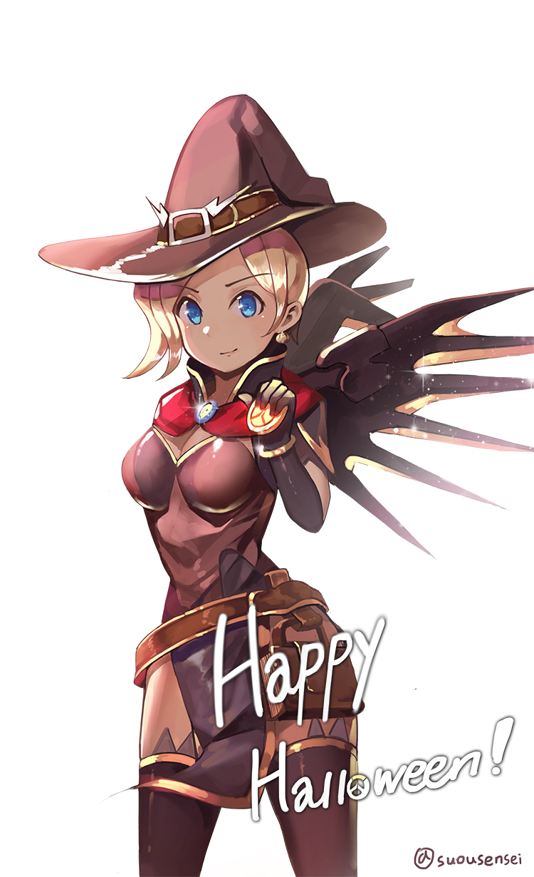 1girl alternate_costume belt blonde_hair blue_eyes capelet dress earrings elbow_gloves eto_(nistavilo2) gloves halloween halloween_costume hat highres jewelry looking_at_viewer mechanical_wings mercy_(overwatch) overwatch pelvic_curtain short_hair smile solo thigh-highs wings witch witch_hat witch_mercy