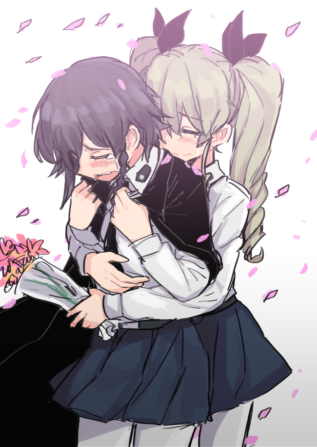 2girls anchovy belt black_hair black_skirt bouquet braid brown_eyes cape closed_eyes commentary cowboy_shot crying dress_shirt drill_hair flower funako_(newggo) girls_und_panzer gradient gradient_background green_hair holding hug hug_from_behind long_hair long_sleeves miniskirt multiple_girls necktie open_mouth pantyhose pepperoni_(girls_und_panzer) pleated_skirt school_uniform shirt short_hair side_braid skirt smile standing tearing_up twin_drills twintails white_background white_legwear white_shirt