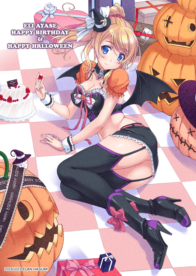 1girl artist_name ayase_eli bat_wings belt black_boots black_legwear black_skirt boots box breasts cake character_name cleavage crop_top cross-laced_clothes dated detached_collar detached_sleeves food frills garter_straps ghost gift gift_box halloween happy_birthday hasumi_eran hat high_heel_boots high_heels jack-o'-lantern large_breasts love_live! love_live!_school_idol_project lying miniskirt neck_ribbon on_floor on_side ponytail puffy_short_sleeves puffy_sleeves ribbon scrunchie short_sleeves skirt solo thigh-highs tile_floor tiles typo wings witch_hat