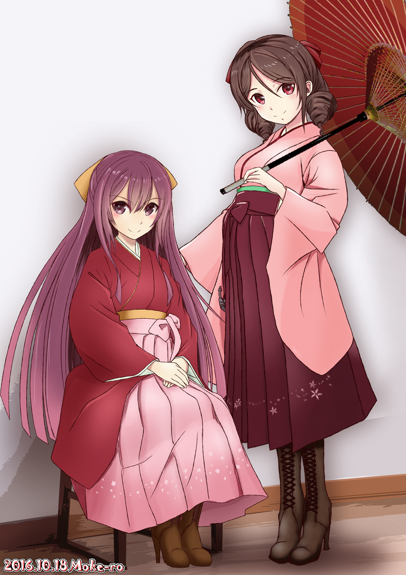 2girls artist_name boots bow brown_hair chair commentary_request cross-laced_footwear dated drill_hair floral_print hair_bow hair_ribbon hakama hands_on_lap harukaze_(kantai_collection) japanese_clothes kamikaze_(kantai_collection) kantai_collection kimono lace-up_boots long_hair looking_at_viewer meiji_schoolgirl_uniform mokerou multiple_girls oriental_umbrella pink_hakama pink_kimono pregnant purple_hair red_bow red_eyes red_hakama ribbon sitting smile standing twin_drills umbrella violet_eyes yellow_ribbon