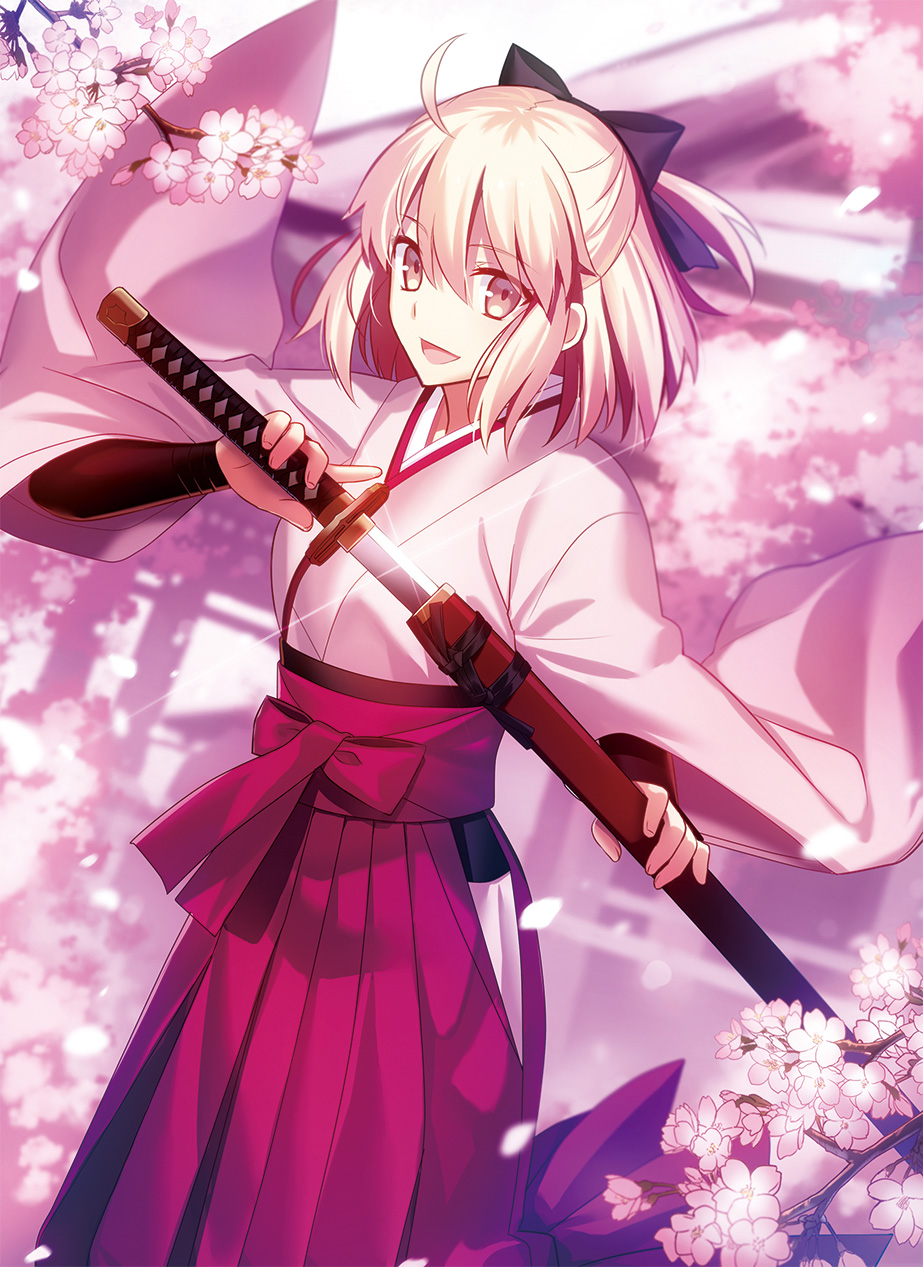 1girl :d ahoge bow brown_eyes cherry_blossoms fate_(series) fuyuki_(neigedhiver) glint hair_bow hakama half_updo highres japanese_clothes katana kimono koha-ace long_sleeves looking_at_viewer open_mouth petals pink_hair sakura_saber sheath short_hair smile solo sword tree_branch unsheathing weapon wide_sleeves