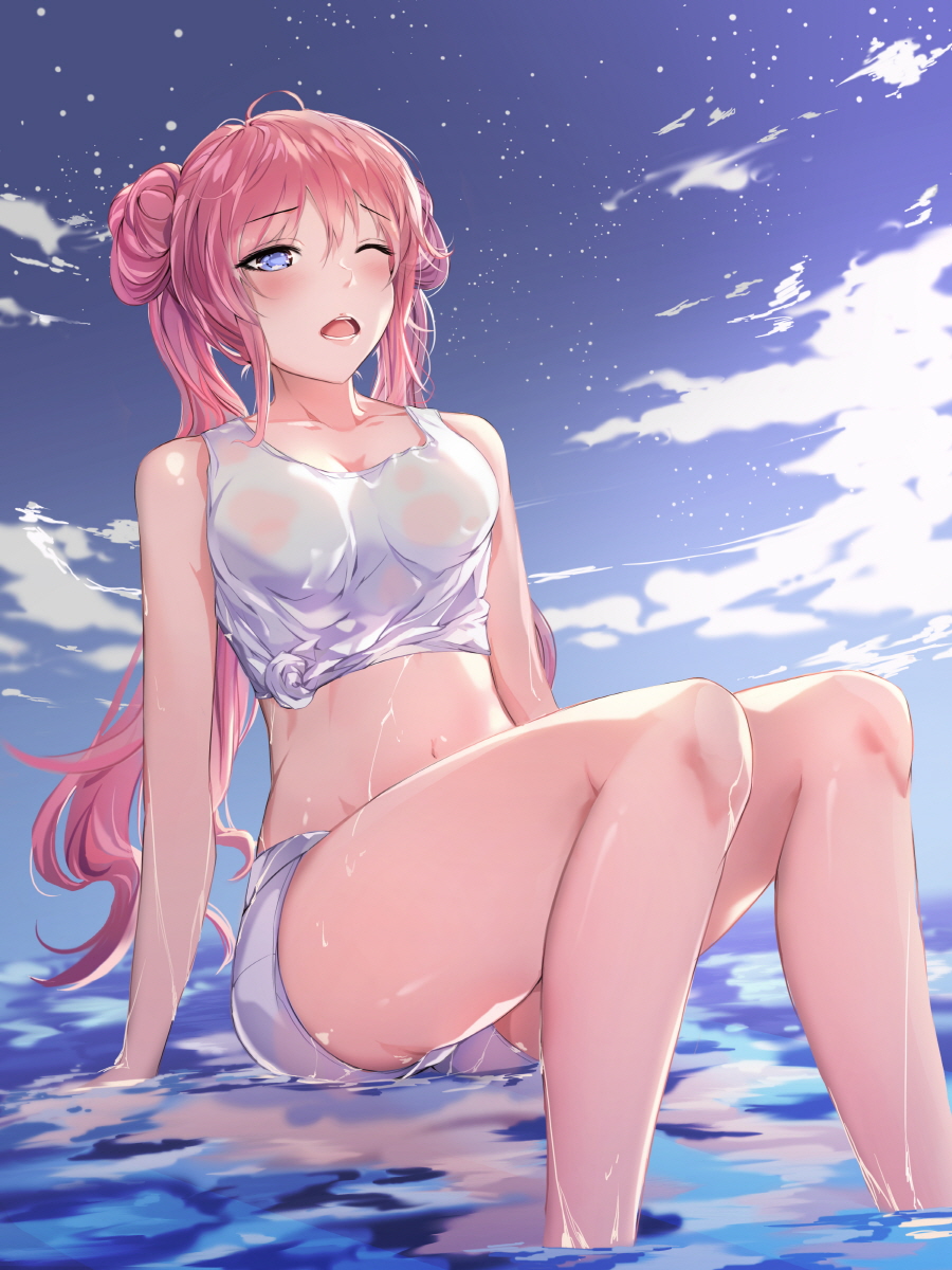 1girl a-line arm_support blue_eyes breasts eyebrows eyebrows_visible_through_hair highres long_hair medium_breasts midriff navel one_eye_closed open_mouth original pink_hair shiny shiny_skin shirt shorts sitting solo tied_shirt wet wet_clothes wet_shirt white_shirt white_shorts