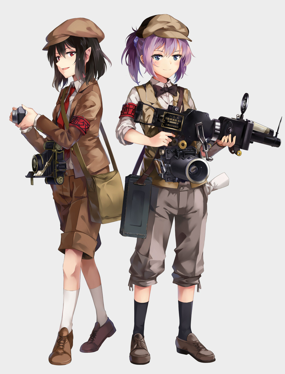 2girls :d alternate_costume aoba_(kantai_collection) armband bag beret black_bow black_bowtie black_hair black_legwear blazer blue_eyes blush bow bowtie brown_jacket brown_shoes brown_shorts buttons camera closed_mouth collared_shirt commentary_request cross-laced_footwear crossover dress_shirt finger_on_trigger full_body grey_background grey_shoes grey_shorts hair_between_eyes hat highres holding holding_camera jacket kantai_collection kneehighs legs_apart long_sleeves looking_at_viewer messy_hair multiple_girls necktie neko_(yanshoujie) no_wings open_clothes open_jacket open_mouth pocket pointy_ears ponytail purple_hair red_eyes red_necktie safety_pin scroll shameimaru_aya shirt shoes short_hair shorts shoulder_bag sidelocks simple_background sleeves_rolled_up smile tagme touhou trait_connection vest white_legwear white_shirt