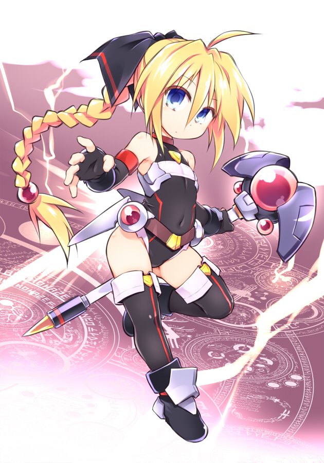 1girl belt black_legwear blonde_hair blue_eyes boots bow braid covered_navel elbow_gloves fingerless_gloves gloves leg_lift leotard long_hair magic_circle original orignal outstretched_arms outstretched_hand ponytail ribbon sleeveless solo standing standing_on_one_leg thigh-highs tomoshibi_hidekazu very_long_hair wand weapon