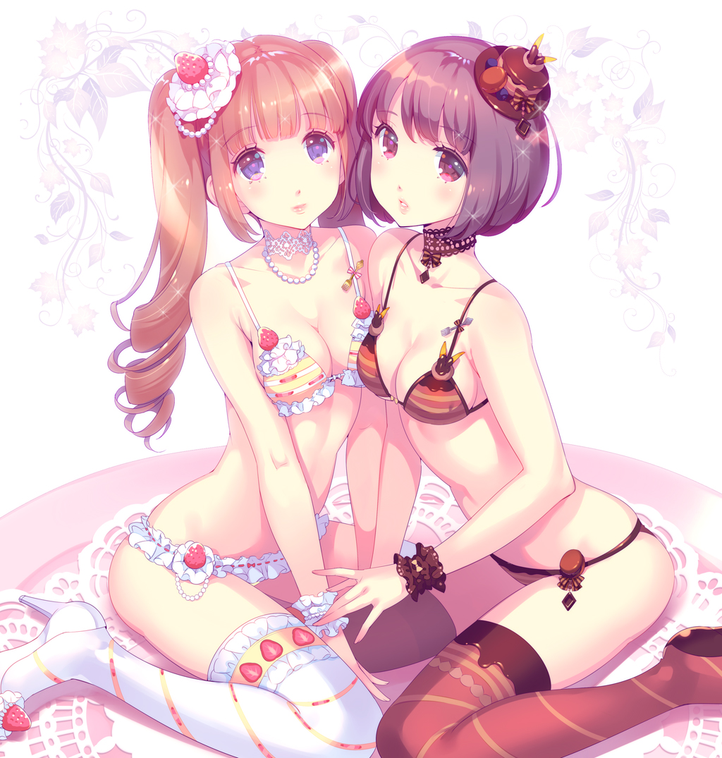 2girls bangs between_legs bikini blue_eyes blunt_bangs bob_cut breasts brown_eyes brown_hair brown_legwear cake chocolate choker cleavage doily food food_themed_clothes fork frilled_bikini frills fruit hair_ornament hand_between_legs hat high_heels jewelry long_hair looking_at_viewer multiple_girls necklace nishimura_eri on_plate original parted_lips pearl_necklace pendant purple_hair ribbon-trimmed_bikini ringlets shoes short_hair sitting smile sparkle strawberry strawberry_shortcake striped striped_legwear swimsuit thigh-highs twintails underwear violet_eyes wariza white_legwear white_shoes wrist_cuffs
