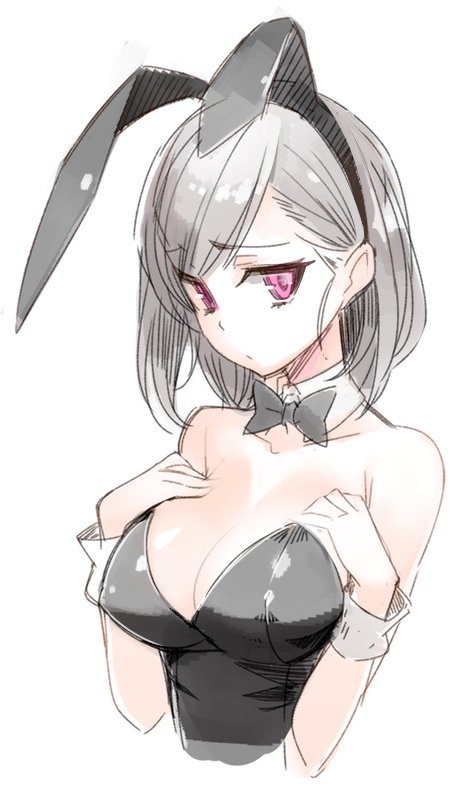 1girl animal_ears aya-chan_(minoa) bow bowtie breasts bunnysuit cleavage detached_collar fake_animal_ears hairband hands_on_own_chest large_breasts leotard looking_to_the_side minoa_(lastswallow) original rabbit_ears short_hair silver_hair sketch solo upper_body wrist_cuffs