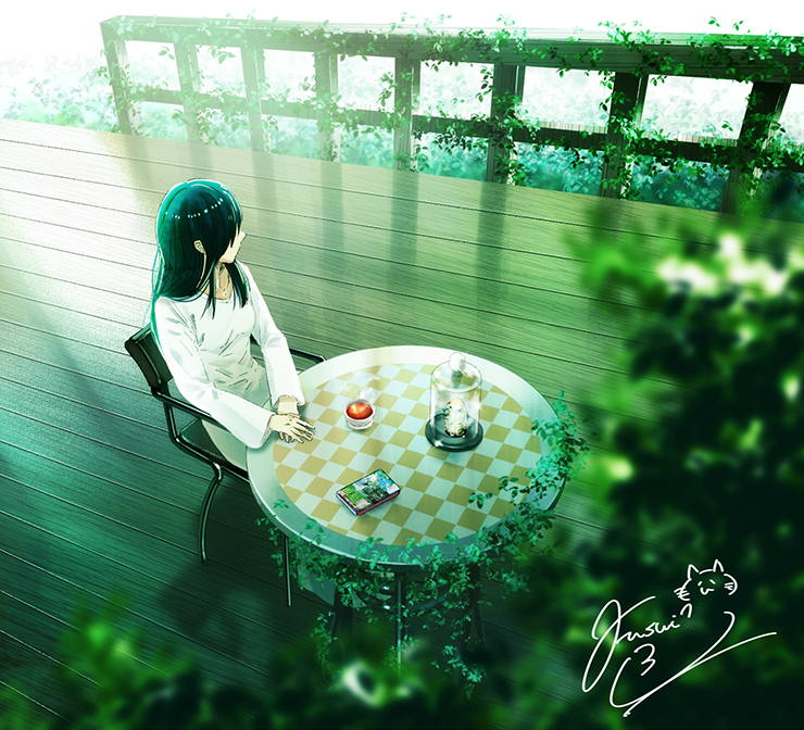 1girl black_hair blurry book cat chair cup depth_of_field dress from_above fusui hair_over_eyes jar leaf logo looking_away looking_to_the_side original outdoors pale_skin plant railing reflection signature sitting solo steam table tea teacup vines white_dress wooden_floor
