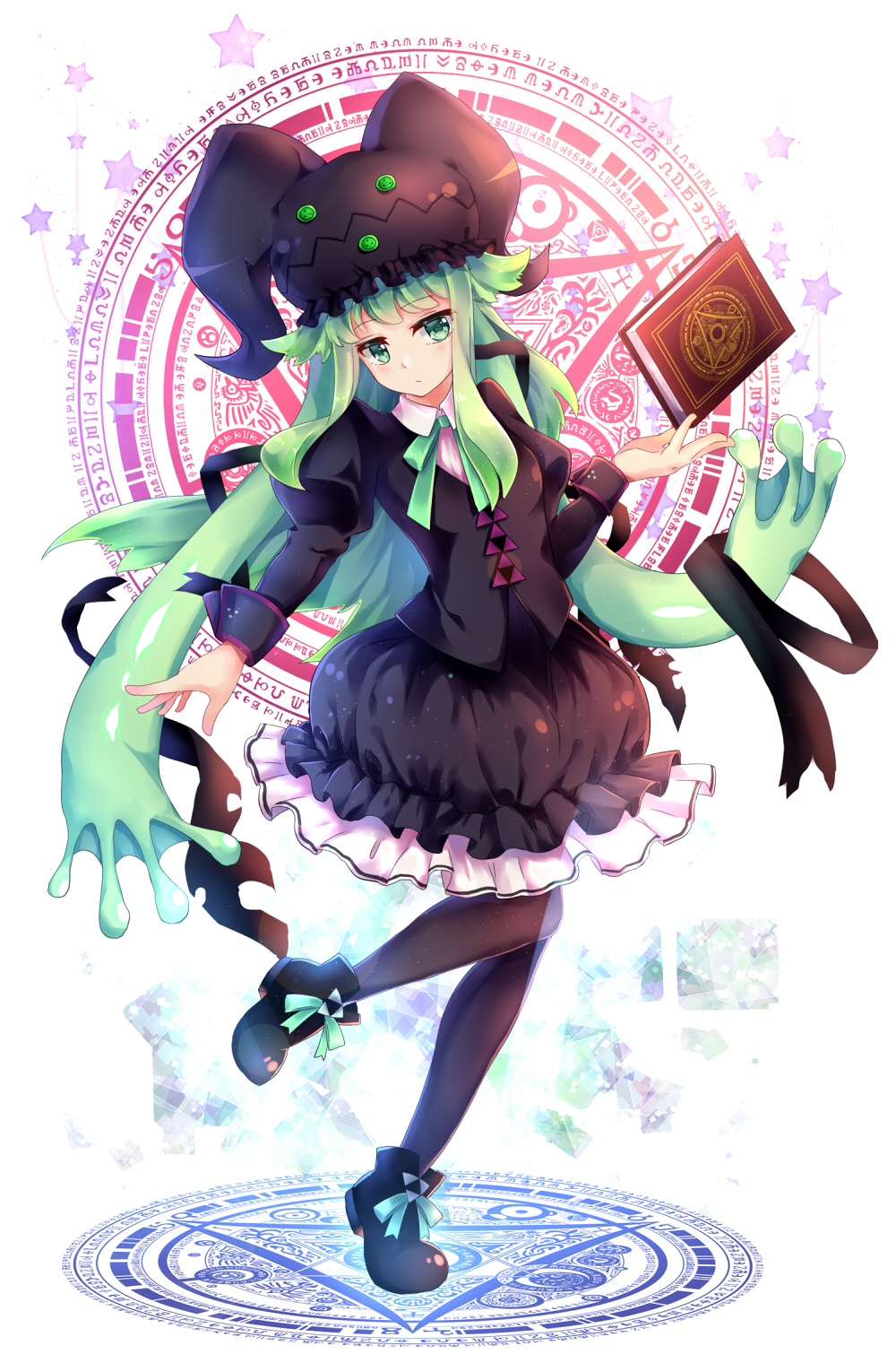 1girl black_hat black_legwear black_ribbon black_shirt black_shoes black_skirt book book_of_star_mythology bubble_skirt expressionless frills full_body fuma_mishandra green_eyes green_hair hair_ribbon hat hichou highres juliet_sleeves long_hair long_sleeves looking_at_viewer magic_circle original pantyhose prehensile_hair puffy_sleeves ribbon runes shirt shoes sidelocks skirt solo star touhou