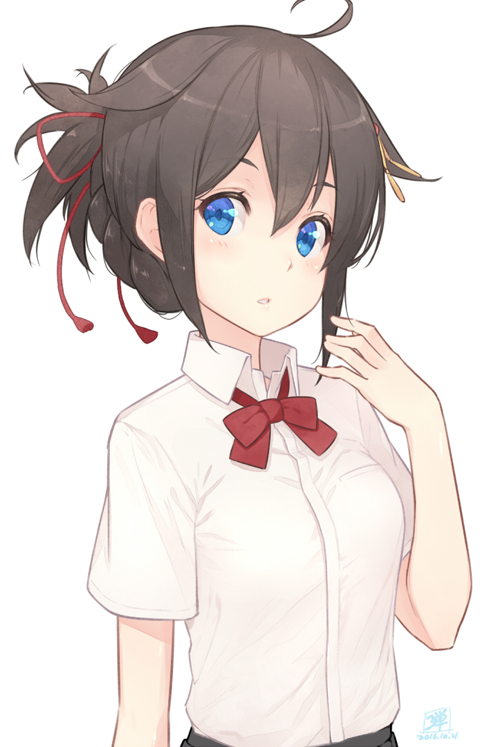 1girl adam700403 alternate_hairstyle arm_at_side bangs black_hair black_skirt blue_eyes blush bow bowtie braid breasts collared_shirt dress_shirt eyelashes hair_flaps hair_ornament hair_ribbon kantai_collection kimi_no_na_wa looking_at_viewer medium_breasts parody parted_lips red_bow red_bowtie red_ribbon remodel_(kantai_collection) ribbon school_uniform shigure_(kantai_collection) shirt short_sleeves simple_background single_braid skirt solo tassel upper_body white_background white_shirt