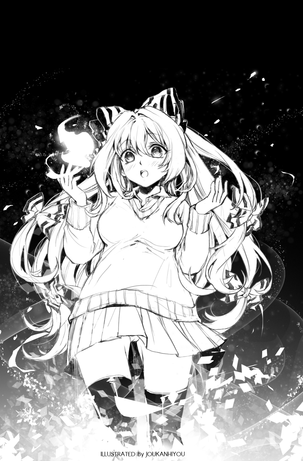 1girl alternate_costume ass_visible_through_thighs blush bow contemporary fire fujiwara_no_mokou greyscale hair_bow hair_ribbon highres long_hair looking_at_viewer monochrome open_mouth panties pantyshot ribbon shangguan_feiying solo sweater thigh-highs touhou underwear very_long_hair zettai_ryouiki