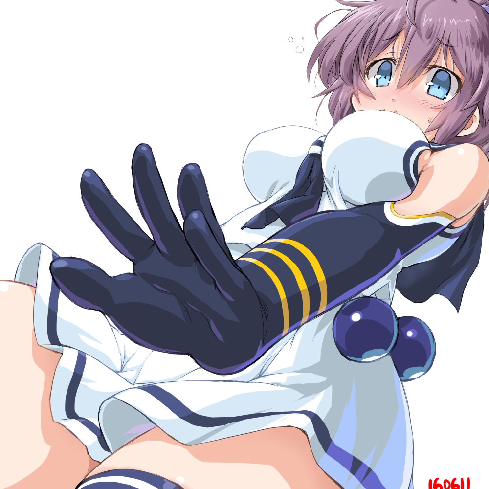 1girl alternate_costume aoba_(kantai_collection) bare_shoulders blue_eyes blush breasts cosplay dd_(ijigendd) dutch_angle elbow_gloves gloves hands impossible_clothes impossible_shirt kantai_collection large_breasts looking_down messy_hair neckerchief numbered ponytail purple_hair sailor_collar samidare_(kantai_collection) samidare_(kantai_collection)_(cosplay) school_uniform scrunchie serafuku shirt simple_background skirt smile solo thigh-highs white_background