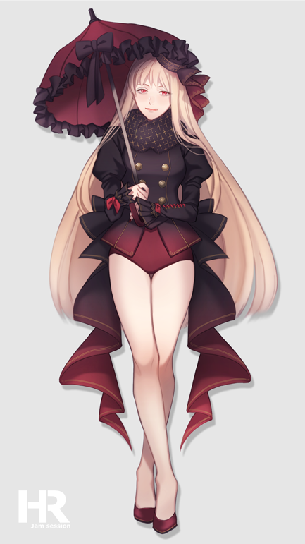 1girl bare_legs blonde_hair crossed_legs full_body hat hr_jam long_hair looking_at_viewer original puffy_sleeves red_eyes russian smile solo standing umbrella very_long_hair