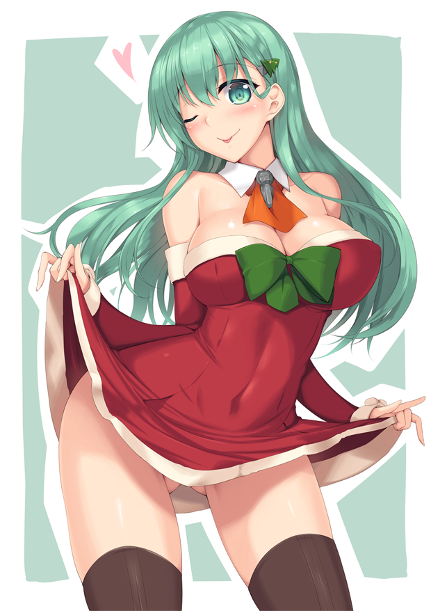 1girl aqua_eyes aqua_hair bare_shoulders blue_background breasts christmas_tree_hair_ornament collarbone detached_collar detached_sleeves dress dress_lift gluteal_fold kantai_collection large_breasts long_hair long_sleeves looking_at_viewer nakano_sora navel neckerchief one_eye_closed outline outside_border red_dress smile solo suzuya_(kantai_collection) thigh-highs tongue tongue_out white_outline