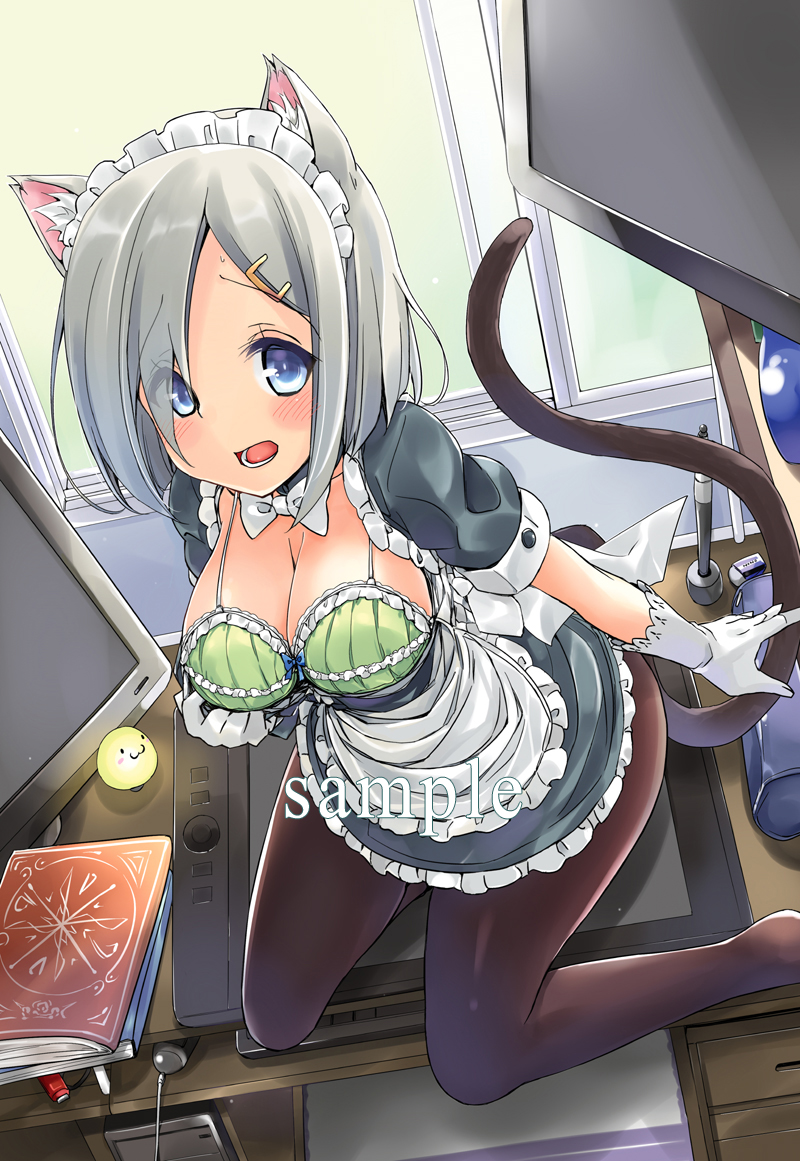 1girl alternate_costume animal_ears apron black_legwear blue_eyes blush bow bowtie bra breasts bulbonne cat_ears cat_tail enmaided eyebrows_visible_through_hair eyes_visible_through_hair gloves green_bra hair_ornament hair_over_one_eye hairclip hamakaze_(kantai_collection) kantai_collection kemonomimi_mode large_breasts maid maid_headdress nipples open_mouth pantyhose silver_hair sitting solo tablet tail top_pull underwear wacom waist_apron white_gloves