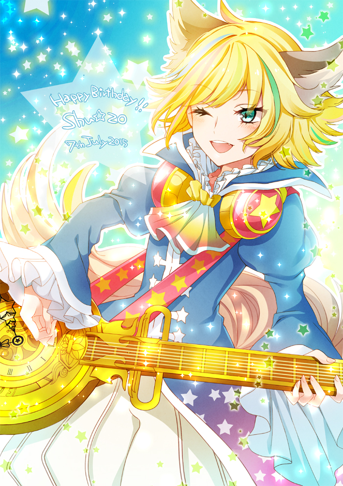 1boy animal_ears blonde_hair blue_eyes cravat guitar happy_birthday headphones instrument male_focus one_eye_closed pecoe show_by_rock!! shu_zo_(show_by_rock!!) smile solo star tail