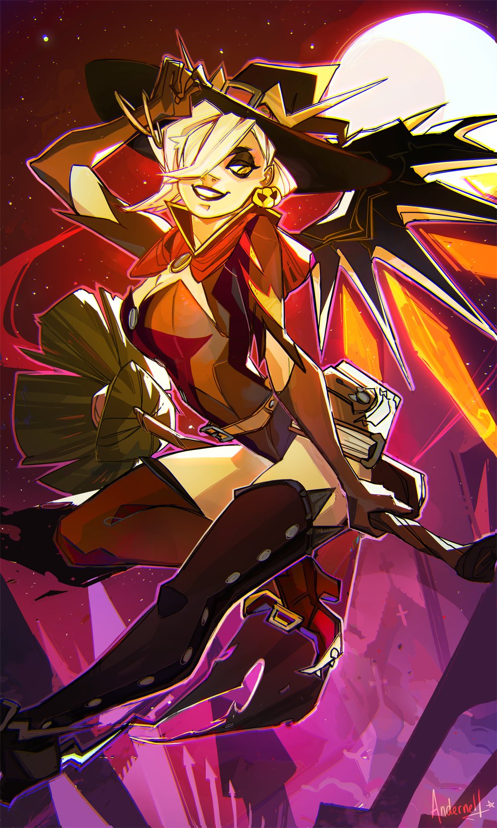 1girl alternate_costume andern3ll black_lipstick blonde_hair breasts broom broom_riding earrings eyeshadow gloves hair_over_one_eye hat highres jack-o'-lantern_earrings jewelry lipstick makeup mercy_(overwatch) moon night overwatch smile solo star_(sky) witch witch_hat witch_mercy yellow_eyes