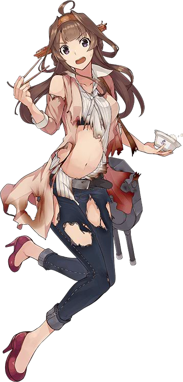 1girl ahoge belt bra brown_hair chopsticks denim high_heels jacket jeans kantai_collection kongou_(kantai_collection) konishi_(koconatu) long_hair looking_at_viewer official_art pants radar remodel_(kantai_collection) shirt smile takeout_container torn_clothes turret underwear