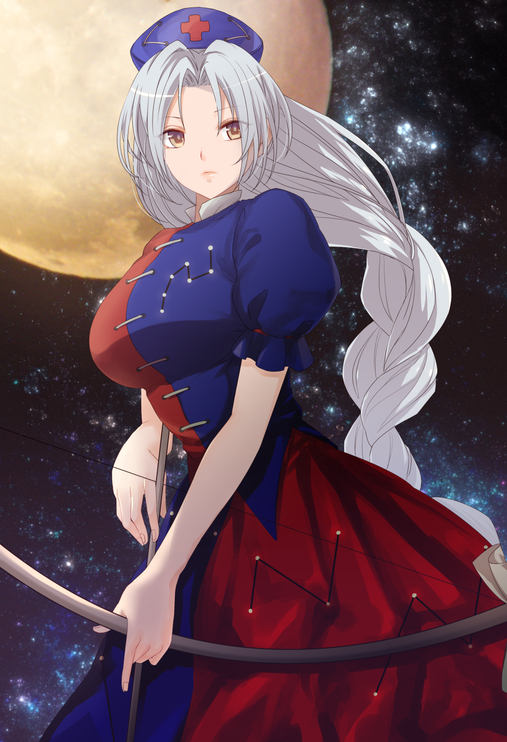 1girl adapted_costume arrow backlighting bangs blue_shirt blue_skirt bow_(weapon) braid breasts brown_eyes constellation cross_print expressionless eyes_visible_through_hair fingernails full_moon hat highres large_breasts lips long_hair looking_at_viewer moon moonlight multicolored_shirt multicolored_skirt nurse_cap puffy_short_sleeves puffy_sleeves red_shirt red_skirt shiny shiny_hair shirt short_sleeves silver_hair single_braid skirt solo space touhou very_long_hair weapon x&amp;x&amp;x yagokoro_eirin