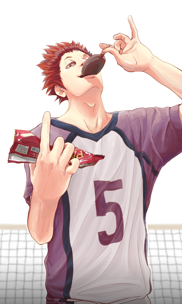 1boy adam's_apple dragonnapoli eating haikyuu!! highres looking_at_viewer male_focus red_eyes redhead solo sportswear standing tendou_satori upper_body volleyball_net wrapper