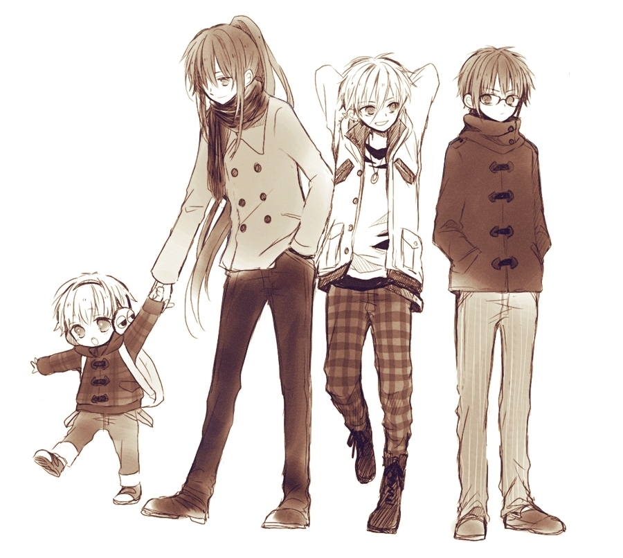 4boys :o anzu_(o6v6o) arms_behind_head arms_up bangs brown cameo character_print child closed_mouth coat cross-laced_footwear double-breasted earmuffs frown full_body gachapin glasses gumiya hair_between_eyes hair_over_one_eye hand_in_pocket hands_in_pockets hirake!_ponkikki holding_hands hood hood_down hooded_jacket jacket jewelry kamui_gakupo leaning_forward leg_up legs_apart lily_(vocaloid) long_hair long_sleeves looking_at_another looking_at_viewer looking_away looking_down looking_to_the_side male_focus monochrome multiple_boys one_eye_covered open_clothes open_jacket outstretched_arm pants pendant plaid plaid_pants ponytail ryuuto_(vocaloid) scarf shoe_soles simple_background smile smirk standing standing_on_one_leg striped suspenders turtleneck vertical-striped_pants vertical_stripes very_long_hair vocaloid white_background