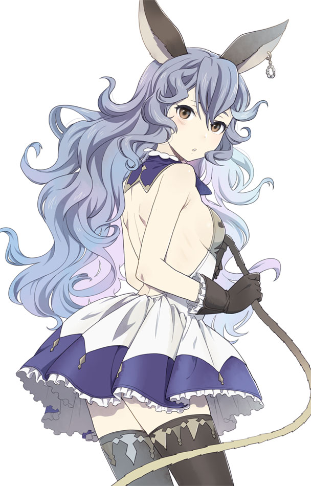 1girl animal_ears black_gloves blue_hair blush breasts brown_eyes erun_(granblue_fantasy) ferry_(granblue_fantasy) gloves granblue_fantasy jewelry long_hair looking_at_viewer mattaku_mousuke rabbit_ears sideboob simple_background single_earring solo wavy_hair white_background